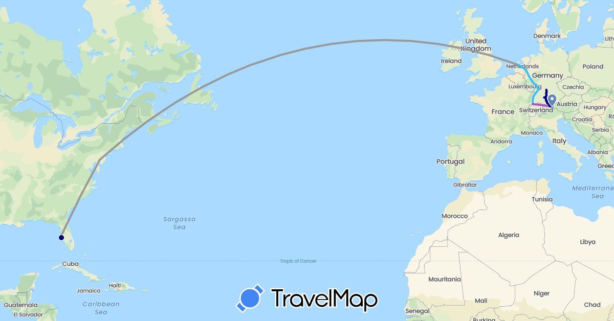 TravelMap itinerary: driving, plane, cycling, train, boat in Austria, Switzerland, Germany, France, Netherlands, United States (Europe, North America)